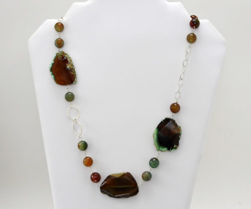 Collar Ágatas Verde - Marrón y Cadena de Plata