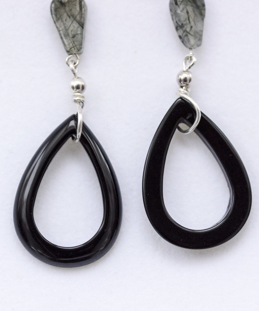 Pendientes en Plata con piedras en forma de gota de Ónix y Ágata Turmalinada - Imagen 2