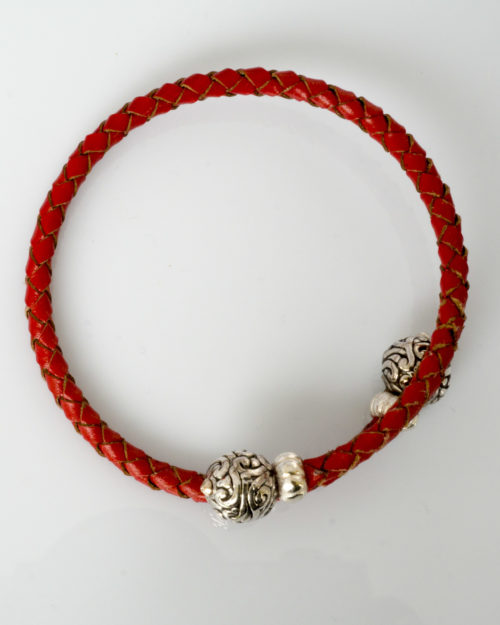 Pulsera Cuero trenzado rojo y plata
